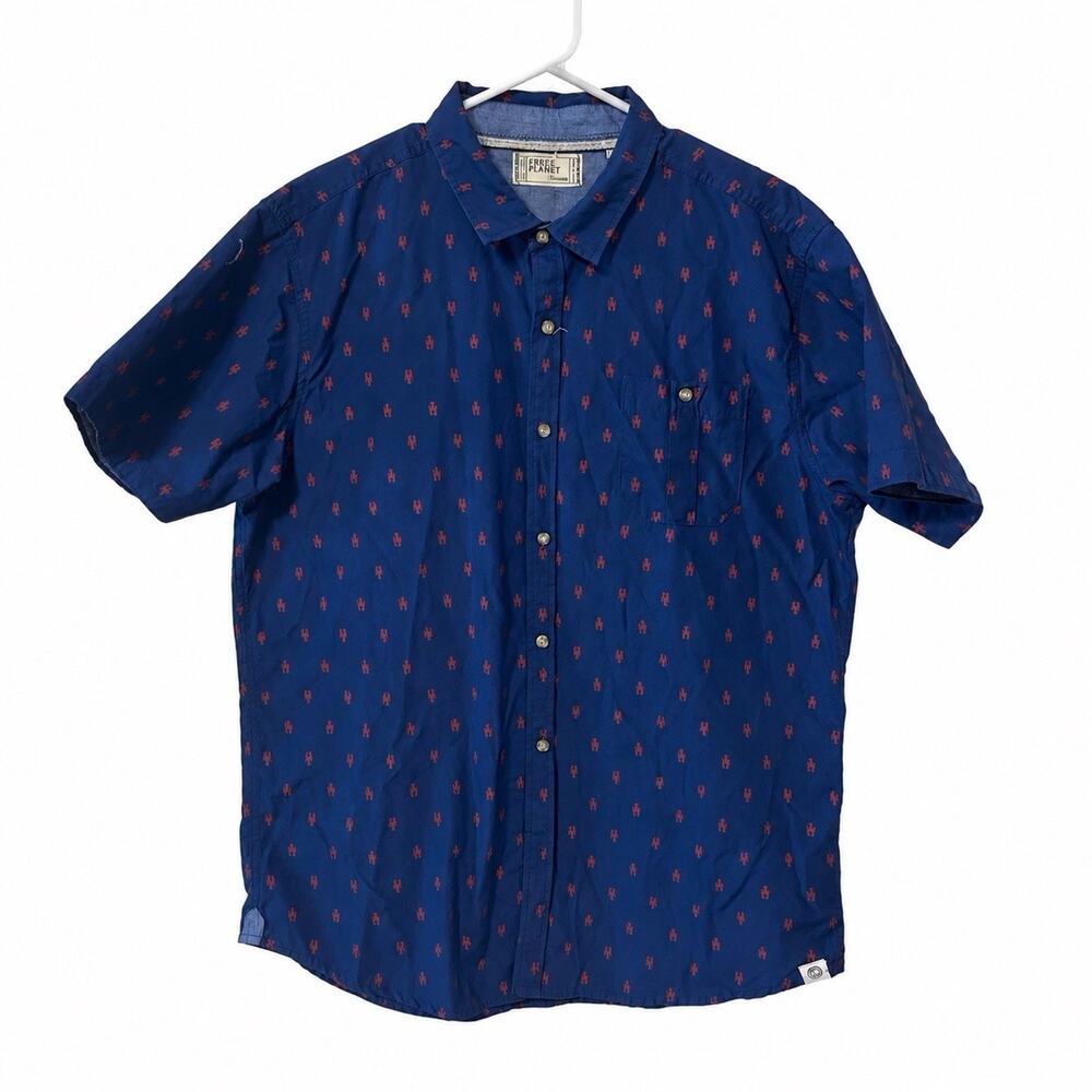 Free Planet Men's XL Cotton Woven Short Sleeve Button-Up Graphic Print Pocket